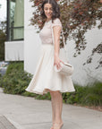 Romantic Feminine Modern Modest Minimalist Outfit for Women - Cream Midi Chiffon Skirt with a Lace Shirt
